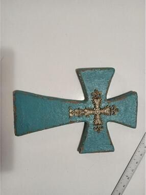 Turquoise Cross Wall Hanging with Ornate Gold Center 13.5x9
